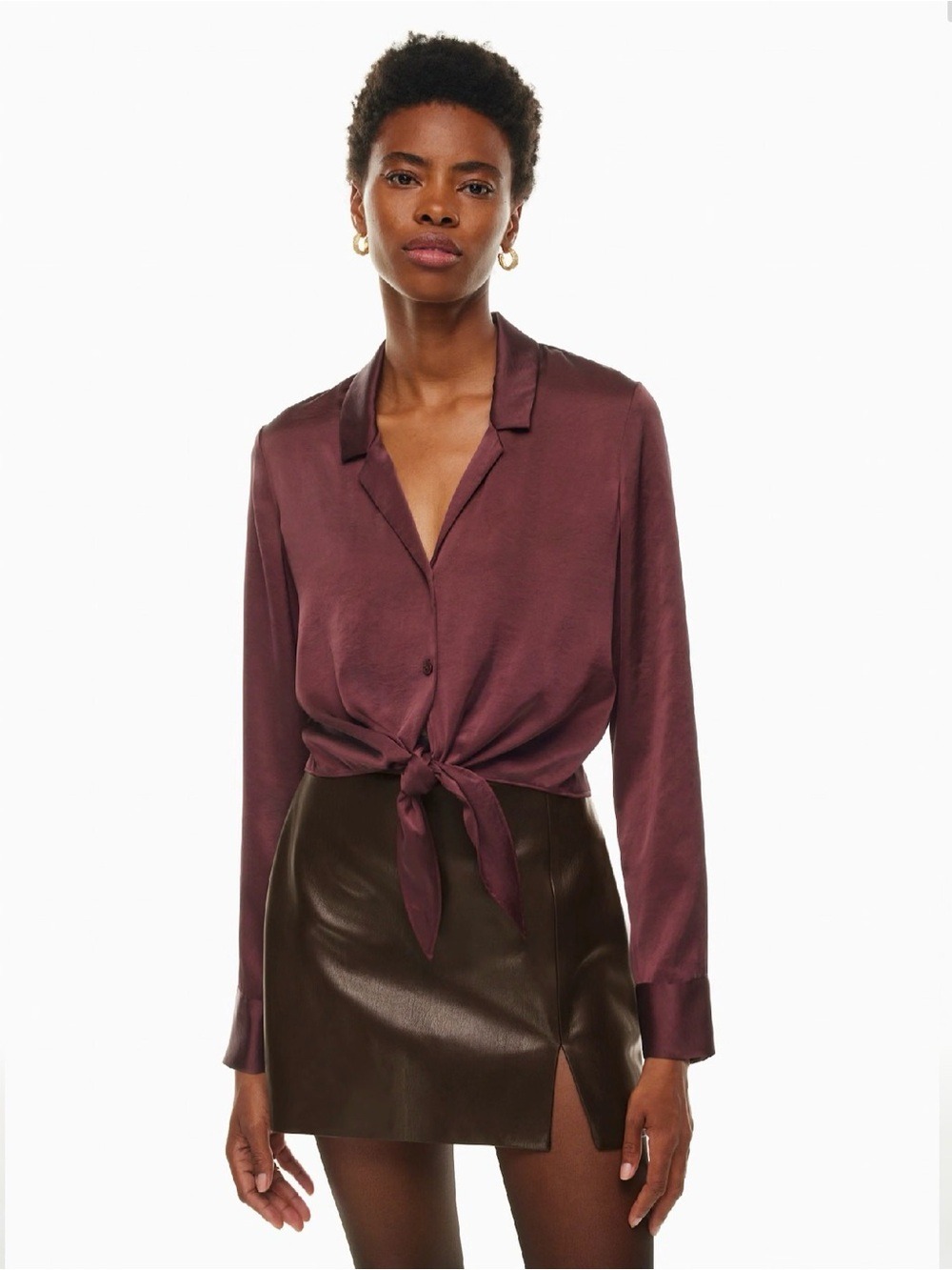 Aritzia Wilfred Tie-Front Satin Blouse Medium Spiced Burgundy